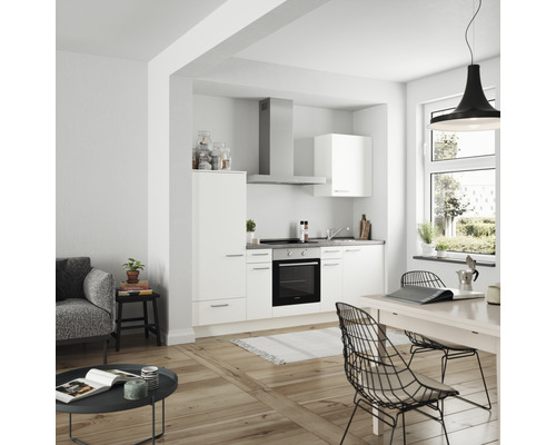 Küchenzeile Nobilia Elements Urban weiß matt 240 cm Arbeitsplatte Beton Schiefer Dunkelgrau inkl. Einbaugeräte L2 L E 354