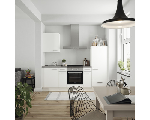 Küchenzeile Nobilia Elements Urban weiß matt 240 cm Arbeitsplatte Beton Schiefer Dunkelgrau L2 R O 354