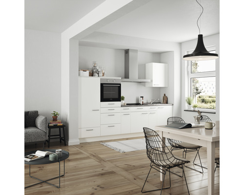 Küchenzeile Nobilia Elements Urban weiß matt 300 cm Arbeitsplatte Beton Schiefer Dunkelgrau L4 L O 354