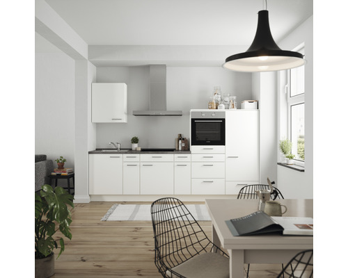 Küchenzeile Nobilia Elements Urban weiß matt 300 cm Arbeitsplatte Beton Schiefer Dunkelgrau L4 R O 354
