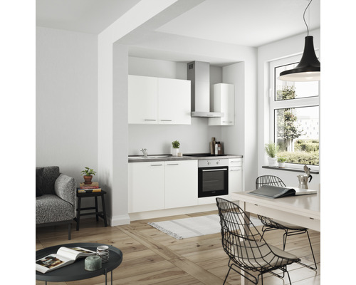 Küchenzeile Nobilia Elements Urban weiß matt 210 cm Arbeitsplatte Beton Schiefer Dunkelgrau L5 R O 354