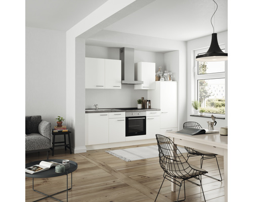 Küchenzeile Nobilia Elements Urban weiß matt 270 cm Arbeitsplatte Beton Schiefer Dunkelgrau L6 R O 354