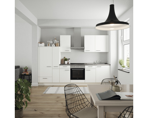 Küchenzeile Nobilia Elements Urban weiß matt 300 cm Arbeitsplatte Beton Schiefer Dunkelgrau L7 L O 354