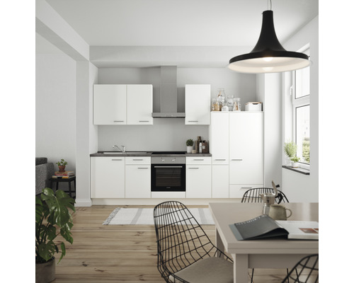Küchenzeile Nobilia Elements Urban weiß matt 300 cm Arbeitsplatte Beton Schiefer Dunkelgrau L7 R O 354