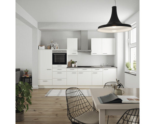 Küchenzeile Nobilia Elements Urban weiß matt 330 cm Arbeitsplatte Beton Schiefer Dunkelgrau L8 L O 354