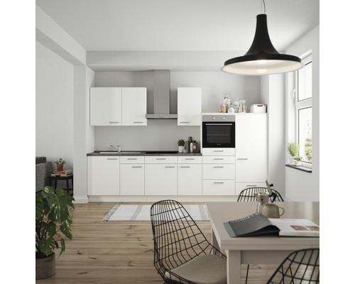 Küchenzeile Nobilia Elements Urban weiß matt 330 cm Arbeitsplatte Beton Schiefer Dunkelgrau L8 R O 354