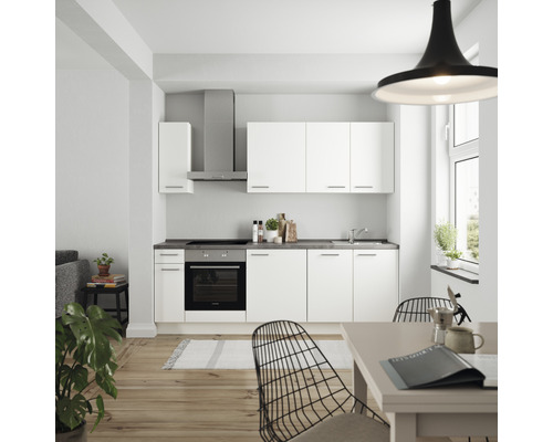 Küchenzeile Nobilia Elements Urban weiß matt 240 cm Arbeitsplatte Beton Schiefer Dunkelgrau L9 L O 354