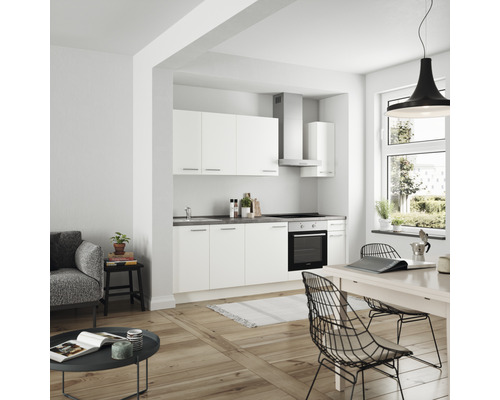 Küchenzeile Nobilia Elements Urban weiß matt 240 cm Arbeitsplatte Beton Schiefer Dunkelgrau L9 R O 354