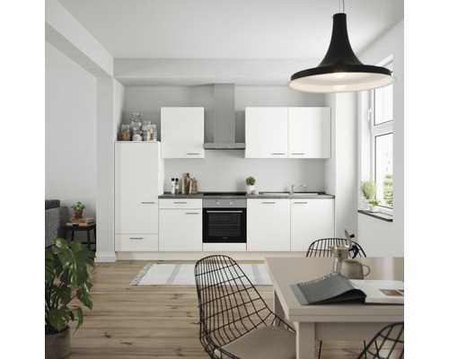 Küchenzeile Nobilia Elements Urban weiß matt 300 cm Arbeitsplatte Beton Schiefer Dunkelgrau L10 L O 354