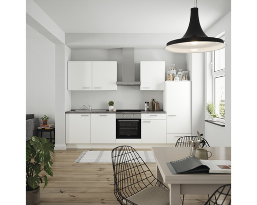 Küchenzeile Nobilia Elements Urban weiß matt 300 cm Arbeitsplatte Beton Schiefer Dunkelgrau L10 R O 354