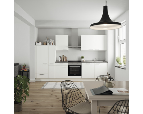 Küchenzeile Nobilia Elements Urban weiß matt 330 cm Arbeitsplatte Beton Schiefer Dunkelgrau L11 L O 354
