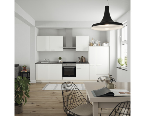 Küchenzeile Nobilia Elements Urban weiß matt 330 cm Arbeitsplatte Beton Schiefer Dunkelgrau inkl. Einbaugeräte L11 R E 354