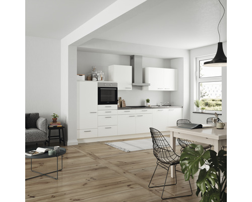 Küchenzeile Nobilia Elements Urban weiß matt 360 cm Arbeitsplatte Beton Schiefer Dunkelgrau L12 L O 354
