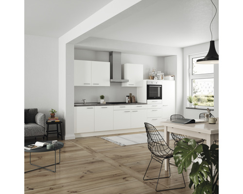 Küchenzeile Nobilia Elements Urban weiß matt 360 cm Arbeitsplatte Beton Schiefer Dunkelgrau L12 R O 354