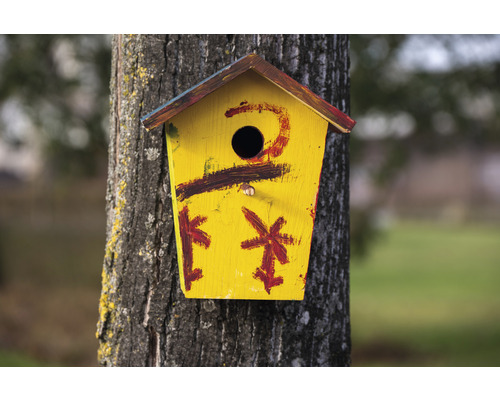 Gelbes Vogelhaus mit Bemalung am Baumstamm