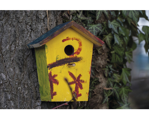 Gelbes Vogelhaus aus Holz mit Öffnung am Baumstamm