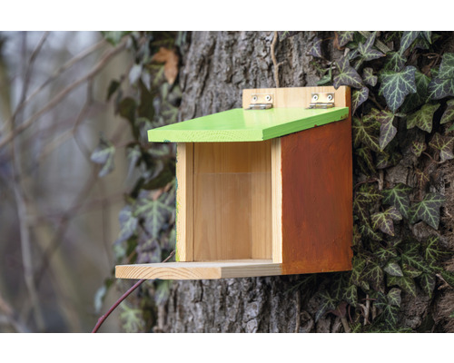 Vogelhaus aus Holz an einem Baumstamm befestigt