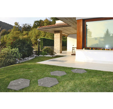 Gartenweg aus sechseckigen Steinplatten im Rasen vor einem modernen Haus.