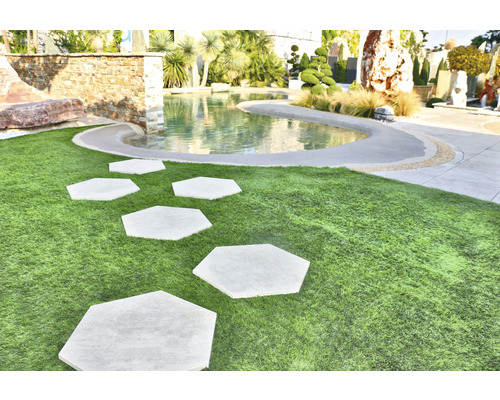 Gartenszene mit Rasenfläche, Wasserbecken und sechseckigen Trittsteinen