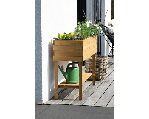 Hochbeet aus Holz mit Pflanzen und einer Gießkanne
