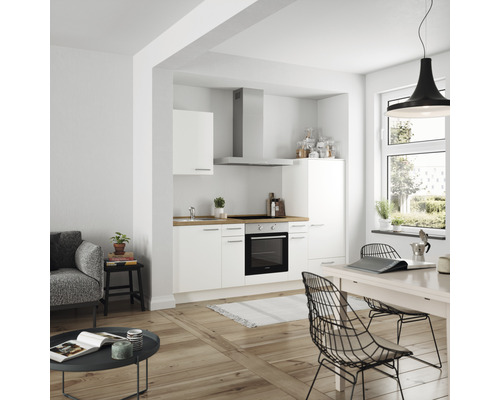Küchenzeile Nobilia Elements Urban weiß matt 240 cm Arbeitsplatte Eiche inkl. Einbaugeräte L2 R E 198