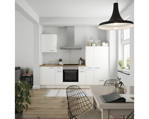 Küchenzeile Nobilia Elements Urban weiß matt 270 cm Arbeitsplatte Eiche inkl. Einbaugeräte L3 R E 198