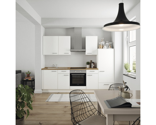 Küchenzeile Nobilia Elements Urban weiß matt 270 cm Arbeitsplatte Eiche inkl. Einbaugeräte L6 R E 198