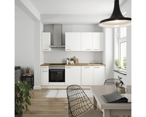 Küchenzeile Nobilia Elements Urban weiß matt 240 cm Arbeitsplatte Eiche L9 L O 198