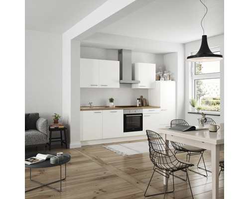 Küchenzeile Nobilia Elements Urban weiß matt 300 cm Arbeitsplatte Eiche L10 R O 198