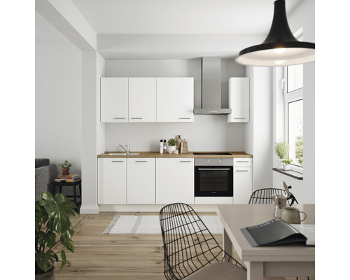 Küchenzeile Nobilia Elements Urban weiß matt 240 cm Arbeitsplatte Eiche L9 R O 198