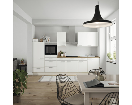 Küchenzeile Nobilia Elements Urban weiß matt 330 cm Arbeitsplatte Eiche inkl. Einbaugeräte L8 L E 198