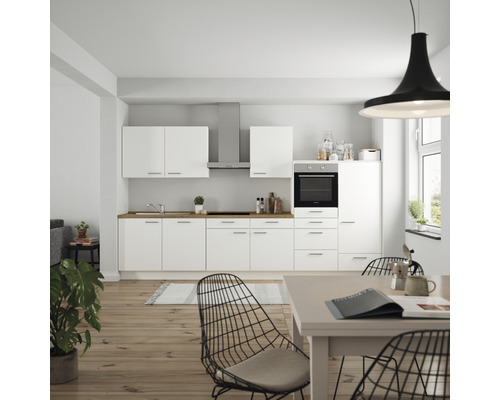 Küchenzeile Nobilia Elements Urban weiß matt 360 cm Arbeitsplatte Eiche L12 R O 198