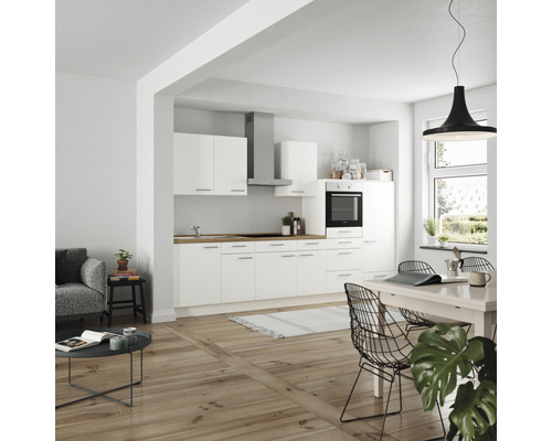 Küchenzeile Nobilia Elements Urban weiß matt 330 cm Arbeitsplatte Eiche L8 R O 198