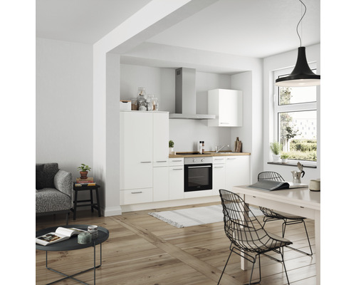 Küchenzeile Nobilia Elements Urban weiß matt 270 cm Arbeitsplatte Eiche L3 L O 198