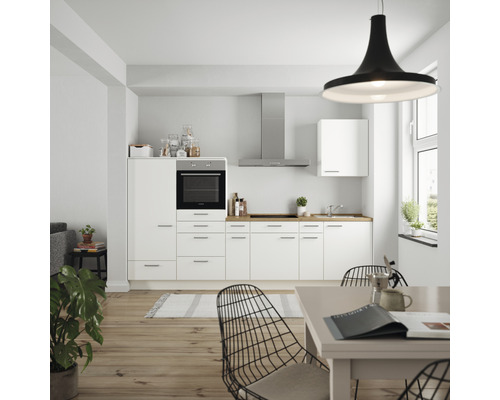 Küchenzeile Nobilia Elements Urban weiß matt 300 cm Arbeitsplatte Eiche inkl. Einbaugeräte L4 L E 198