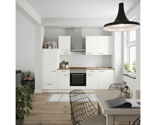 Küchenzeile Nobilia Elements Urban weiß matt 270 cm Arbeitsplatte Eiche inkl. Einbaugeräte L6 L E 198