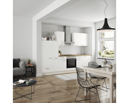 Küchenzeile Nobilia Elements Urban weiß matt 300 cm Arbeitsplatte Eiche L7 L O 198