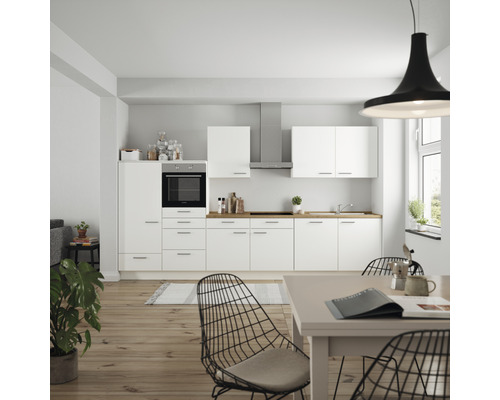Küchenzeile Nobilia Elements Urban weiß matt 360 cm Arbeitsplatte Eiche L12 L O 198