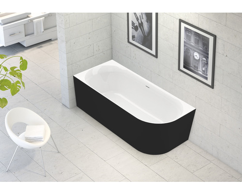 Eckbadewanne Ottofond Afinar Corner rechts 180x80x60 cm weiß schwarz glänzend Rechteckige Badewanne mit schwarzer Verkleidung in einem Badezimmer