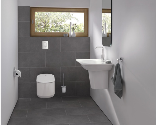 Badezimmer mit Toilette, Waschtisch, Spiegel und Fenster für eine helle, organisierte Atmosphäre