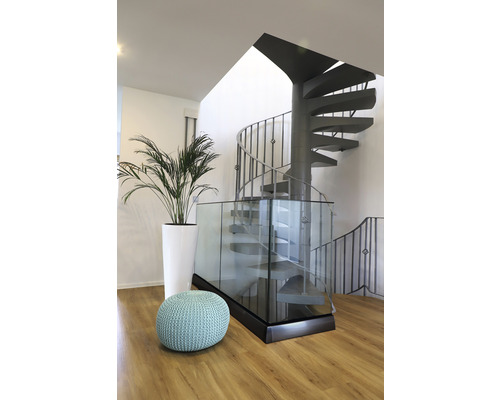 Innenaufnahme eines Wohnraums mit Wendeltreppe, Zimmerpflanze und Sitzkissen