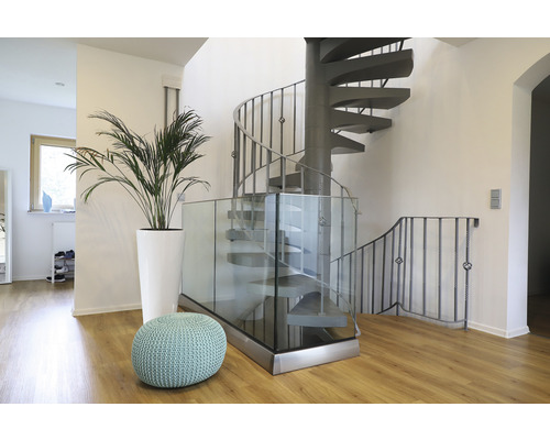 Innenaufnahme mit Wendeltreppe, Glasgeländer, Pflanze im Topf und Sitzpuff