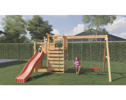 Kinderspielanlage mit Rutsche, Kletterwand und Schaukel im Garten
