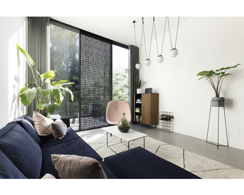 Wohnzimmer mit Sofa, Sessel, Schrank und Pflanzen