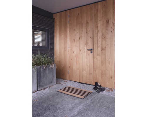 Eingangsbereich mit Holztür, Fußmatte und Pflanzenkübel