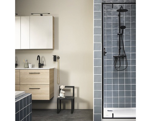 Badezimmer mit Waschtisch, Spiegelschrank und Duschkabine