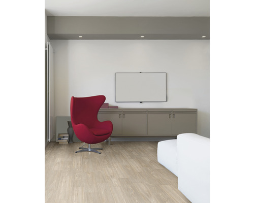 Wohnzimmer mit hellem Holzboden, rotem Sessel und weißem Sofa.