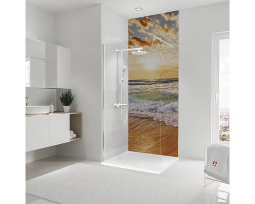 Duschrückwand Schulte Decodesign 2550x1000x3 mm Dekor Gldstrand Modernes Badezimmer mit Duschkabine, Waschbecken und Spiegelschrank