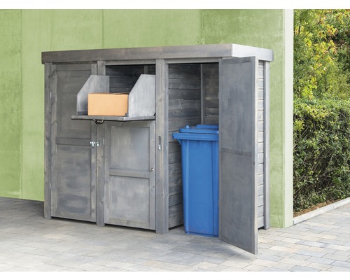 Mülltonnenbox aus Holz mit Paketfach und Mülltonne