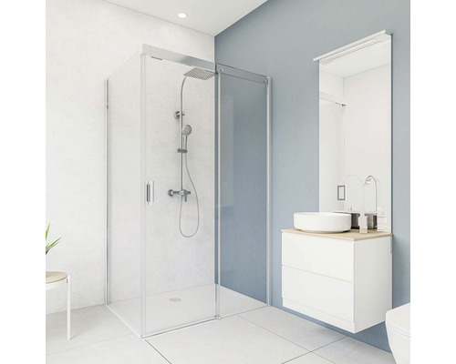 Modernes Badezimmer mit Duschkabine, Waschtisch und Spiegel